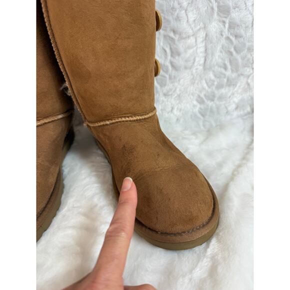 UGG Australia Bailey Triple Button Snow Boots Brown Leather Fluffy Tall Size 6 - Picture 11 of 14